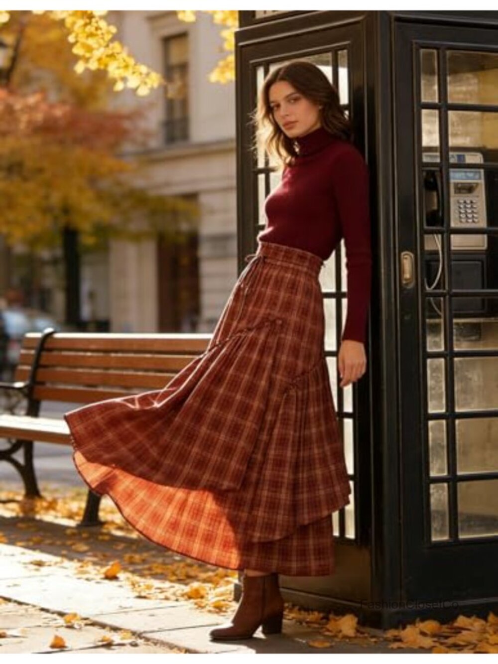 Long Plaid A-Line Maxi Skirt with Pockets Elastic Waist Renaissance - Picture 4 of 6